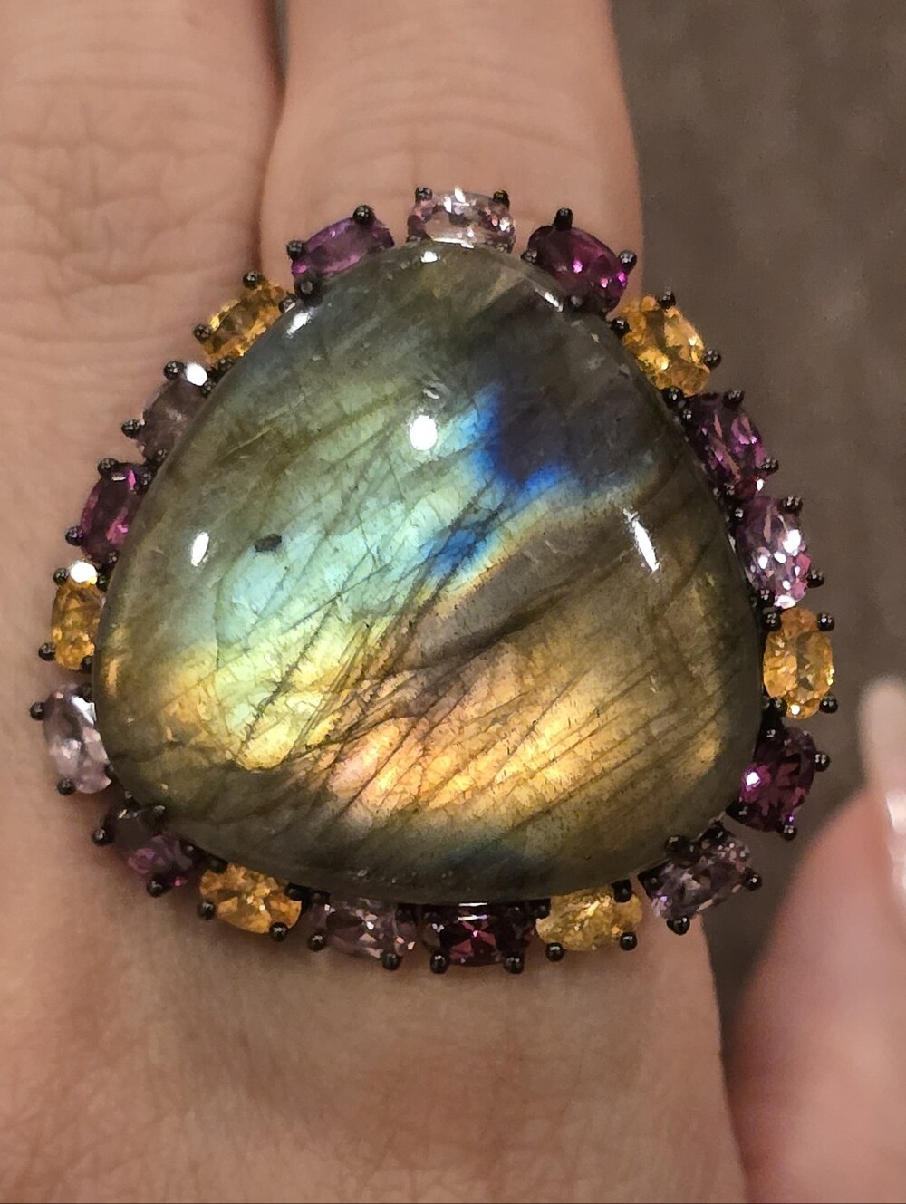 Labradorite Statement Ring with Rhodolite, Amethyst And Citrine In 925 Silver, 7